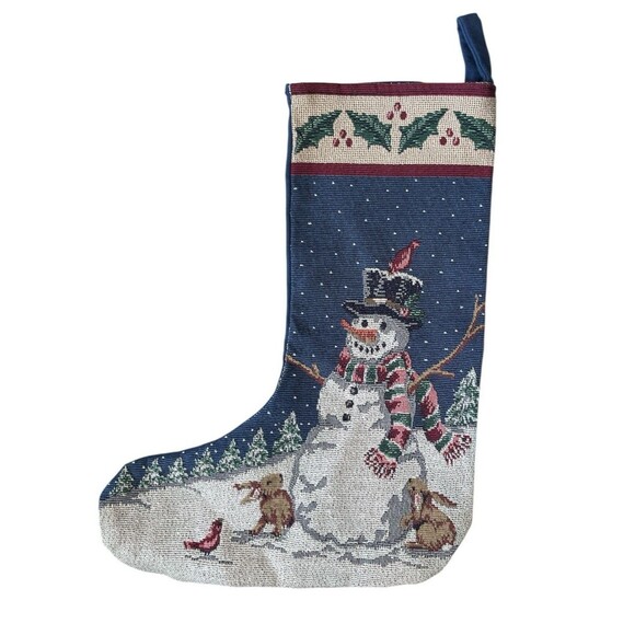 Vintage Tapestry Christmas Stocking Snowman Bunnies Holly Bird 16" - Picture 1 of 2